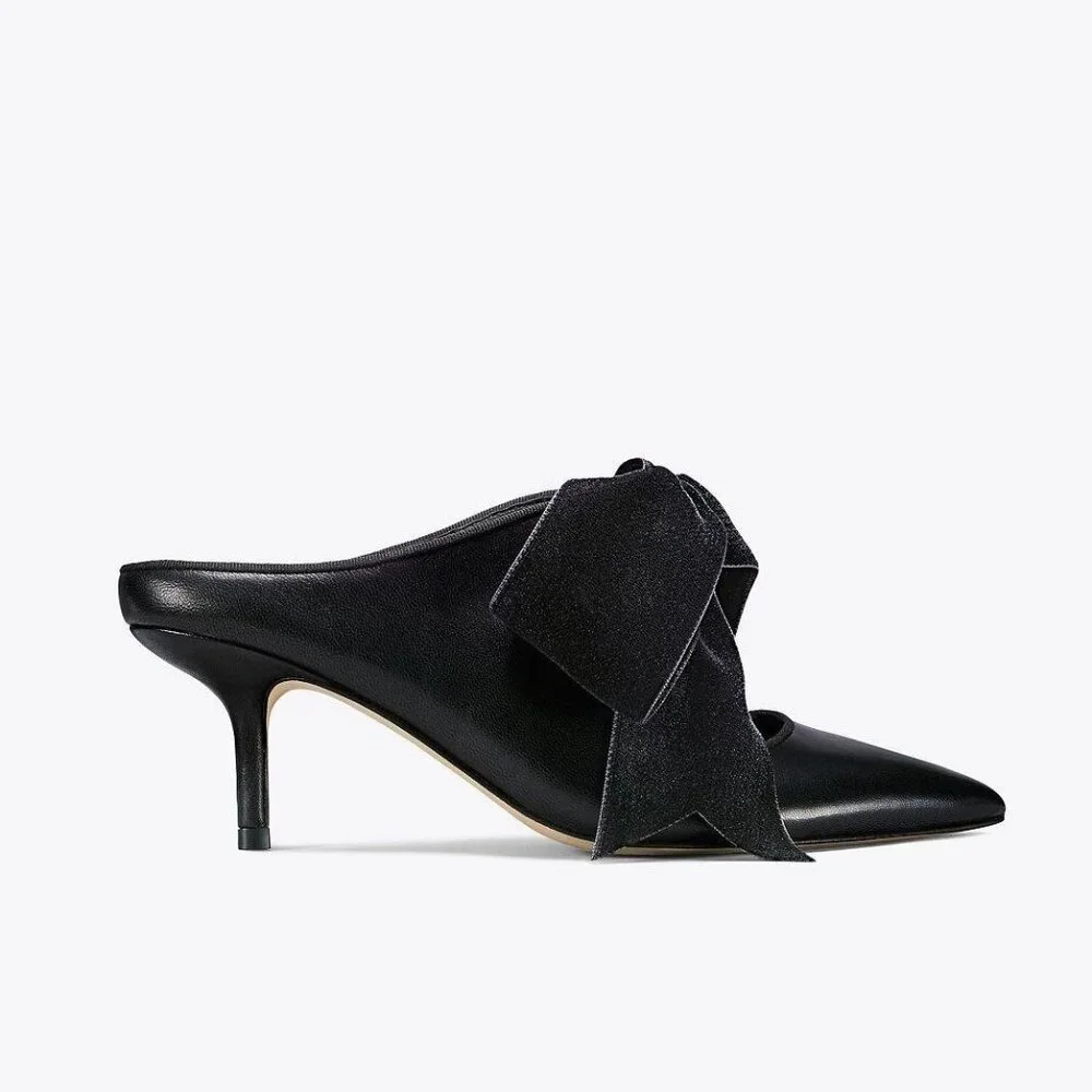 NWOB Tory Burch Clara Leather Mule w. Velvet Bow, Pointed Toe, Perfect‎ Black